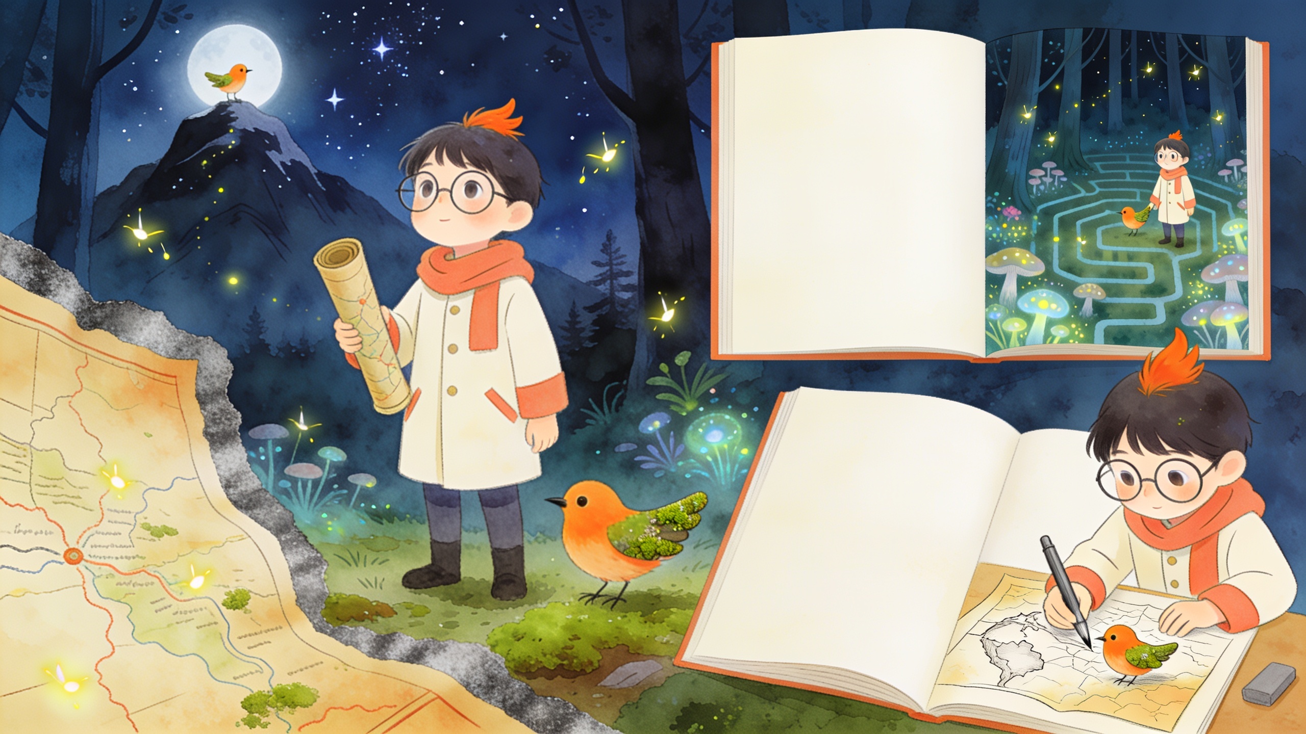 A real Seedream 4.5 illustrated story collection with a child cartographer and orange bird