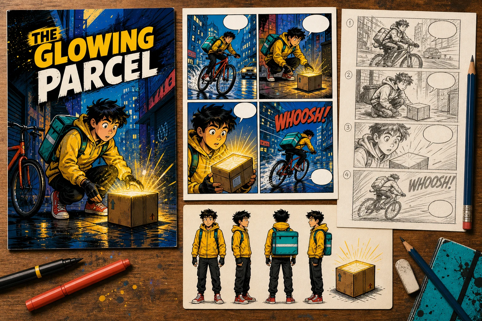 A consistent comic cover, finished comic page, storyboard, and character turnaround