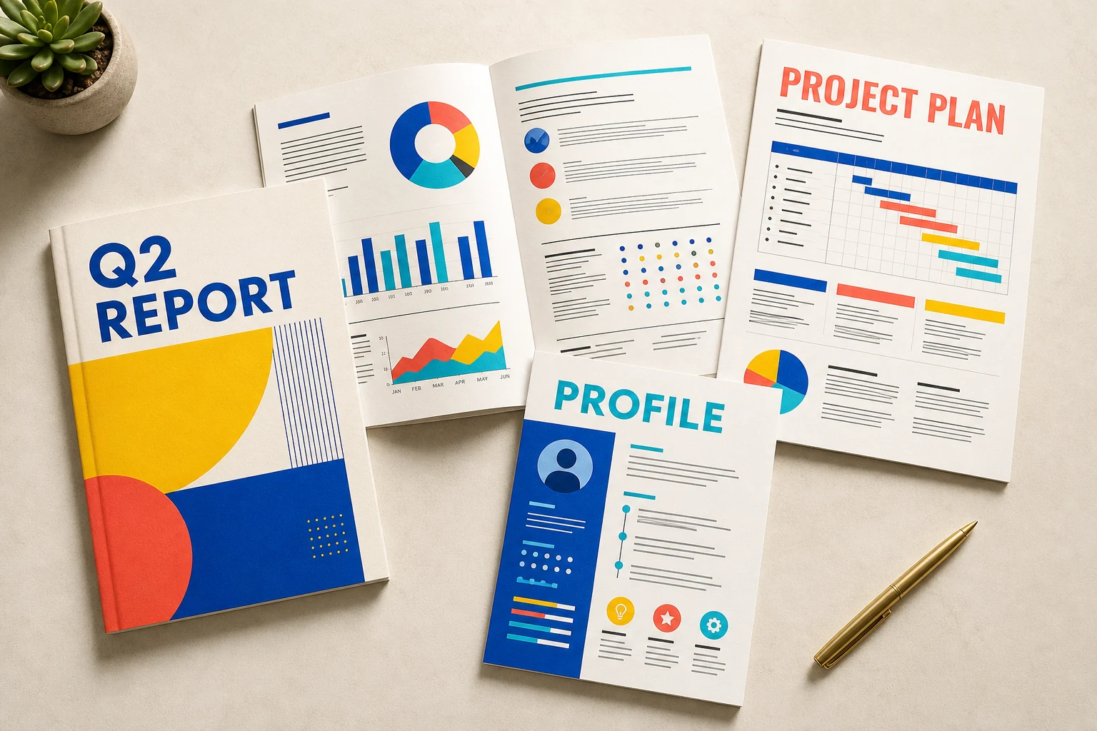 A report, project plan, data spread, and professional profile document collection