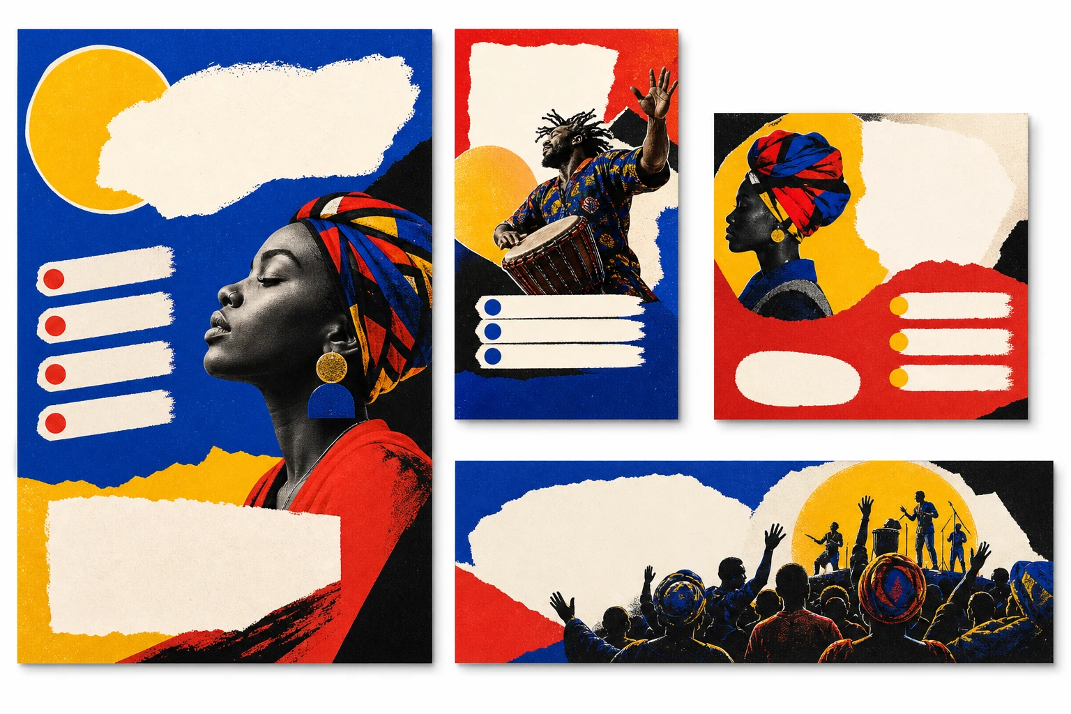A coordinated cluster containing a portrait poster, event flyer, web banner, and square campaign graphic