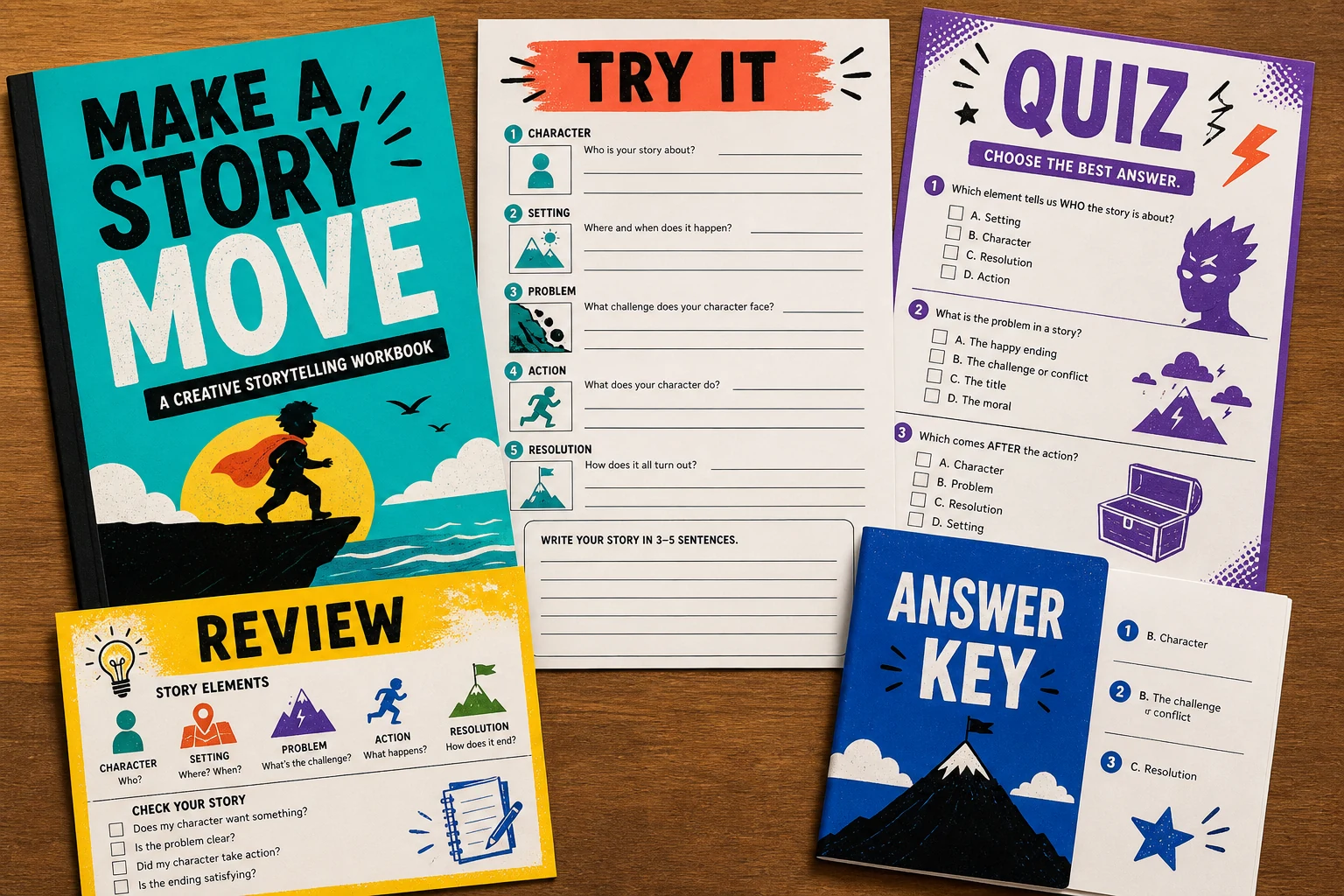 A storytelling workbook, activity sheet, quiz, review page, and answer key