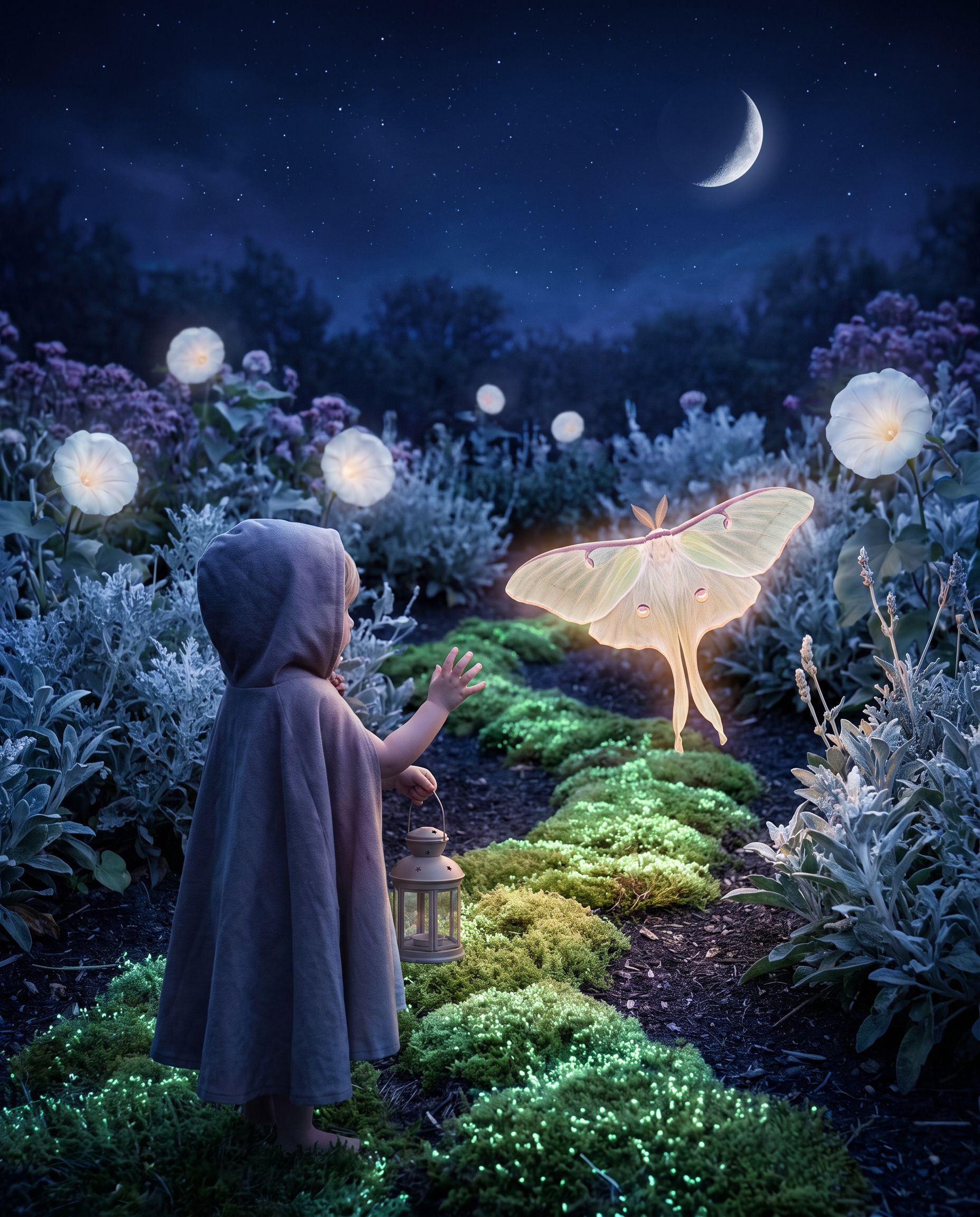 She follows the moth. The moss remembers the last frame.