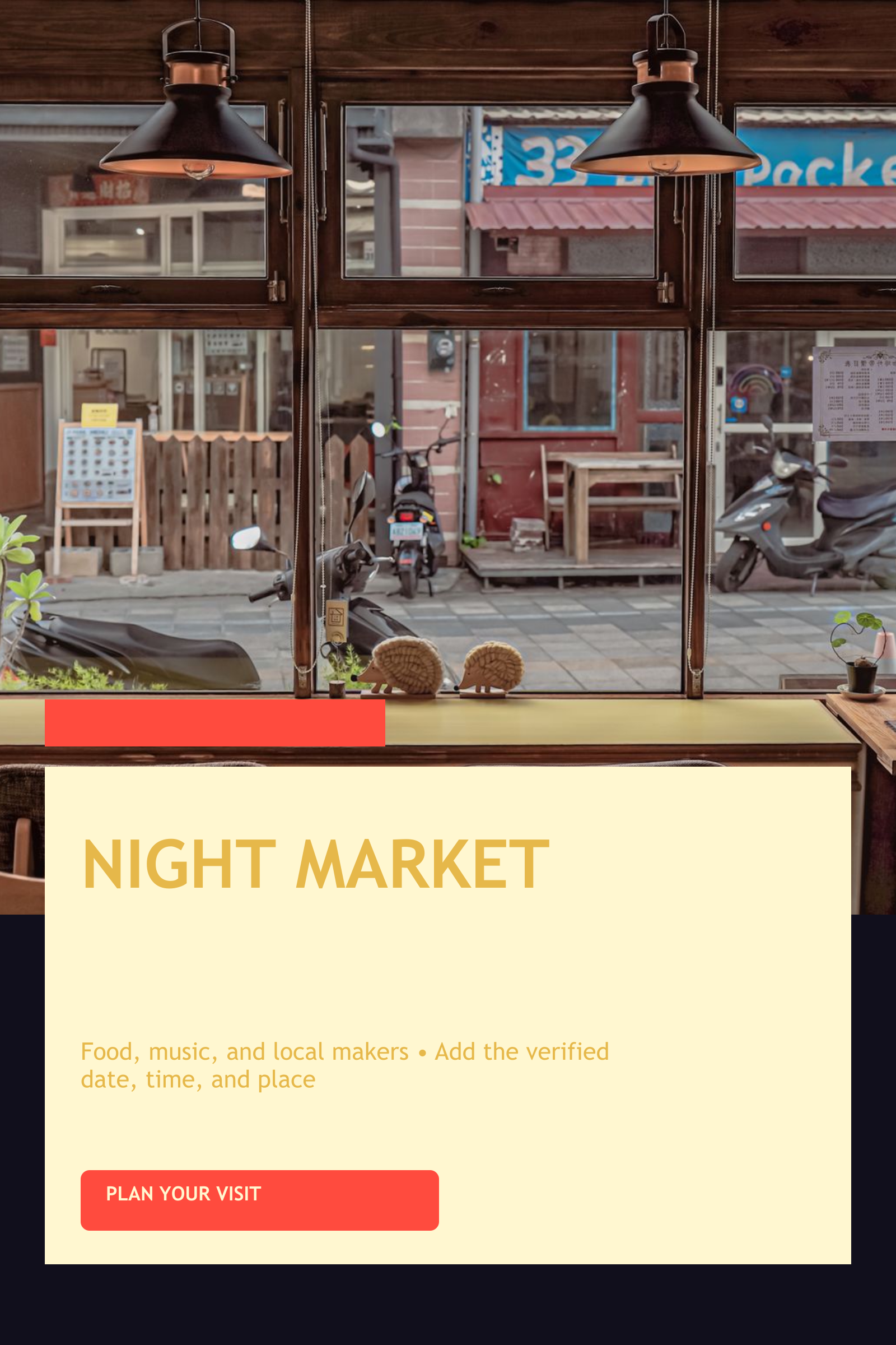 Four editable print designs for a night market, botanical workshop, jazz session, and open house.